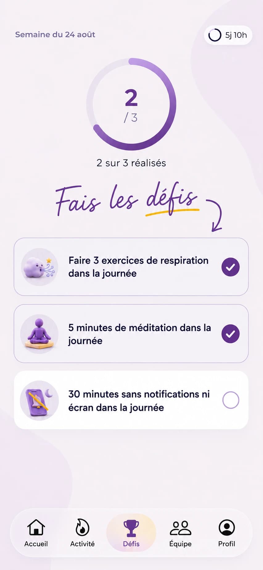 The weekly challenges screen in the Mü être mobile app, two out of three challenges completed.