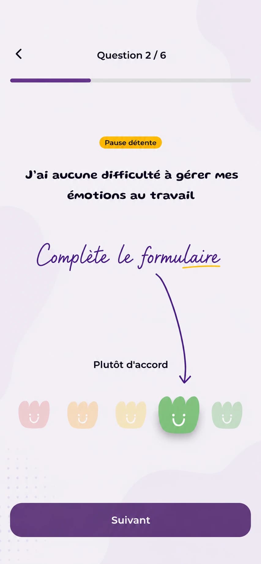 A survey question in the Mü être mobile app, with a mascot-based answer scale.
