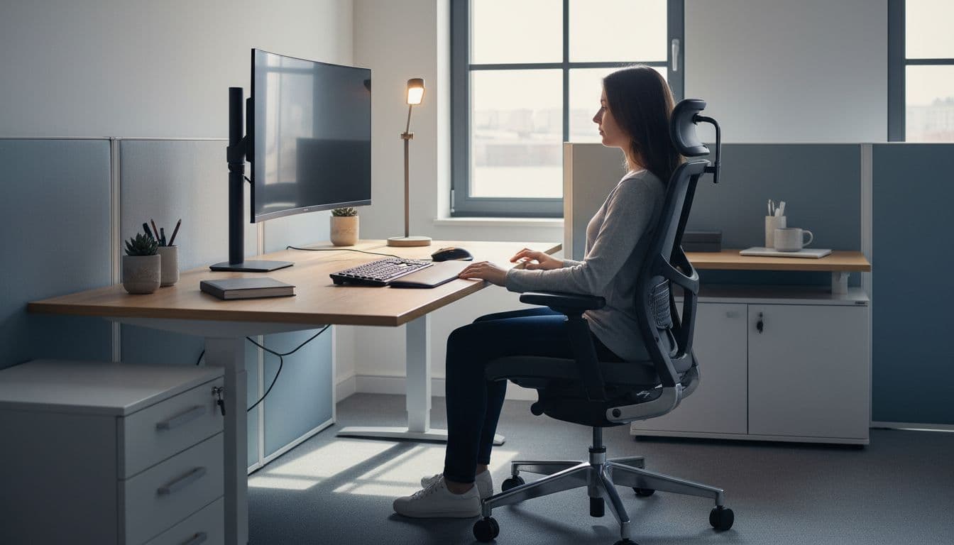 Bureau avec écran d'ordinateur et chaise ergonomique