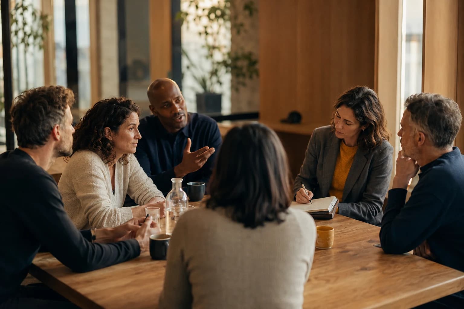 Une équipe réunie autour d’une table : un collaborateur s’exprime, les autres l’écoutent et prennent des notes.