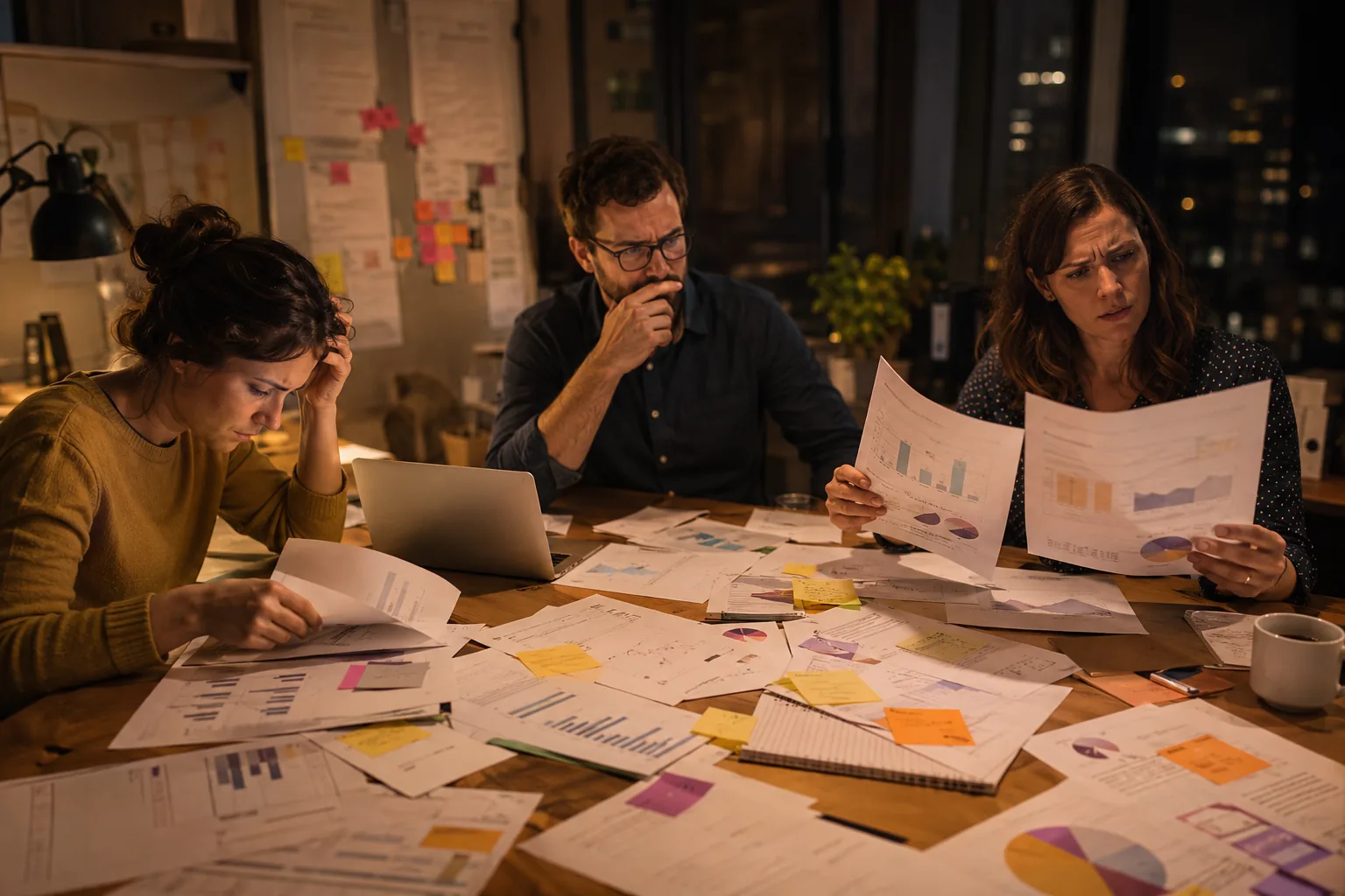 Trois collaborateurs perplexes devant des graphiques et des rapports imprimés éparpillés sur une table.