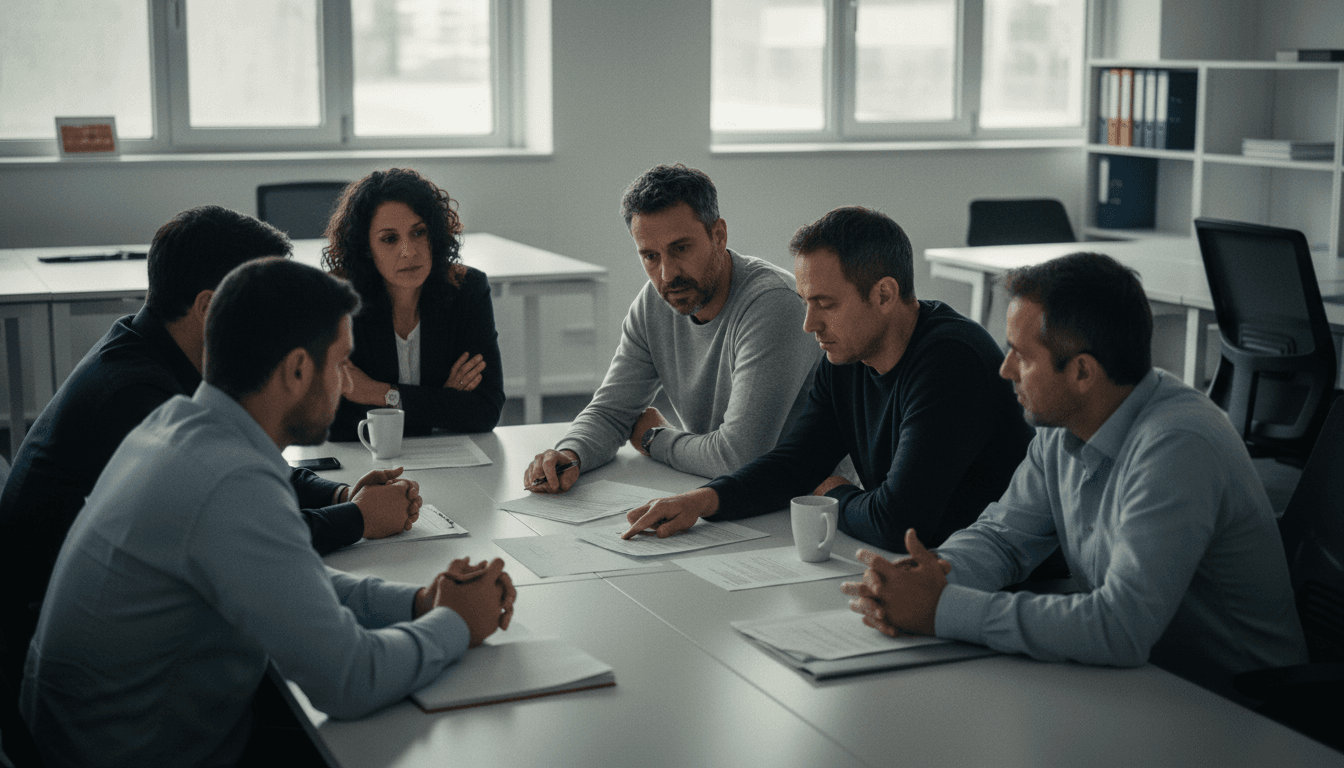 Réunion d'équipe où un manager explique la charte de déconnexion affichée sur un écran