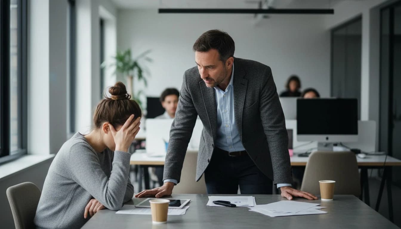 Manager échangeant avec un collaborateur lors d'un point individuel, prise de notes sur la charge de travail